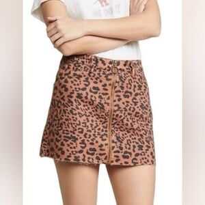 Free People We the Free Leopard Mini Skirt Brown Black Full Zip Raw Hem Sz 26